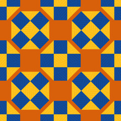 Moroccan geometric vector pattern background. Grid backdrop with orange cobalt blue stone terrazzo textured rhombus and squares. Modern Moorish block repeat with tiled square and rectangular shapes.