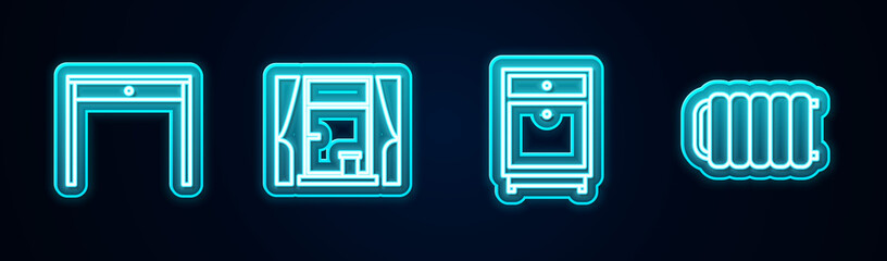Set line Wooden table, Window with curtains, Furniture nightstand and Heating radiator. Glowing neon icon. Vector.