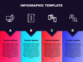 Set line Monitor with exclamation mark, User manual, Chat messages mobile and Question and Exclamation. Business infographic template. Vector.