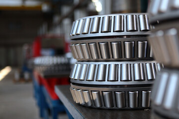 Ready-made large-diameter bearings. Heavy industry. Shop at the heavy industry plant. Without people. Side view.