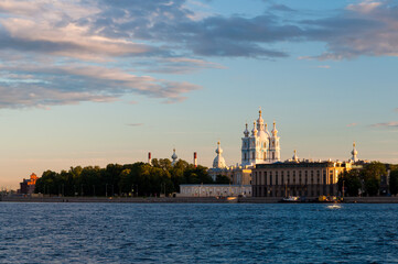 Smolny cathedral and Neva river at evening