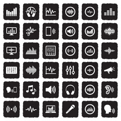 Sound And Volume Icons . Grunge Black Flat Design. Vector Illustration.