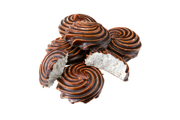 Chocolate-covered marshmallow close-up, isolated on a white background.Selective focus.