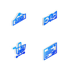 Set Isometric line Crumpled paper money cash, Hanging sign with Closed, Shopping cart and food and Warranty certificate template icon. Vector.
