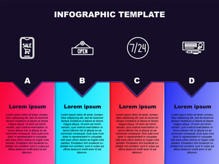 Set line Mobile phone and shopping cart, Hanging sign with Open, Clock 24 hours and Bank check. Business infographic template. Vector.