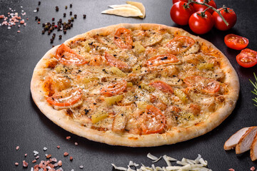 Fresh delicious pizza made in a hearth oven with shrimp mussels and other seafood