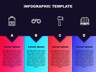 Set line Hiking backpack, Binoculars, Wooden axe and Location of the forest laptop. Business infographic template. Vector.