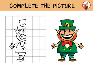 Complete the picture of a leprechaun. Copy the picture. Coloring book. Educational game for children. Cartoon vector illustration