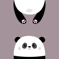Panda bear. Funny face head silhouette. Kawaii animal. Hanging fat body with paw print, tail. Cute cartoon baby character. Pet collection. Flat design. Sticker print. Violet background.