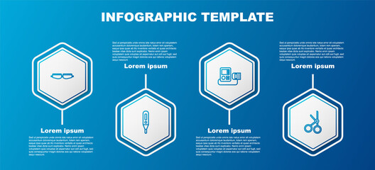 Set line Safety goggle glasses, Medical digital thermometer, Blood pressure and scissors. Business infographic template. Vector.