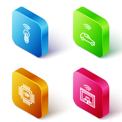 Set Isometric line Smart light bulb, car system with wireless, Processor microcircuits CPU and warehouse icon. Vector.