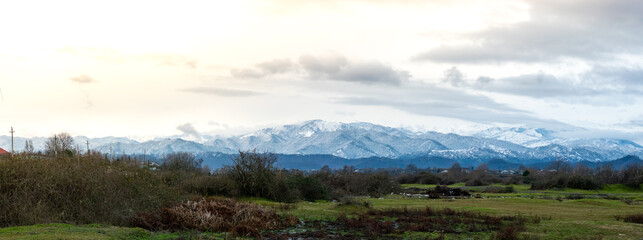 Snowy Talysh Mountain landscape, greens in Lankaran, Azerbaijan