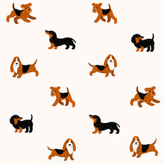 Dachshund, Basset hound, Lakeland Terrier. Simple seamless trendy animal pattern with different breeds of dogs. Cartoon vector illustration.