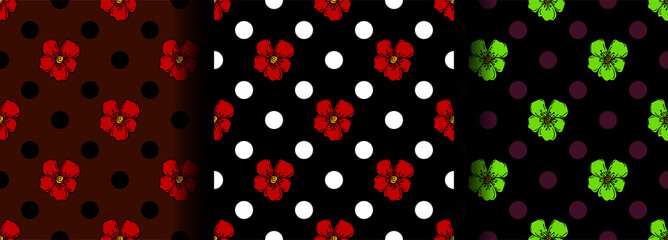 Set of seamless floral patterns for fabric and wallpaper. Flowers and circles. Bright ornament, print for textiles. Stock vector background