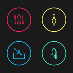 Set line Fishing float in water, rod, spoon and Kayak or canoe icon. Vector.
