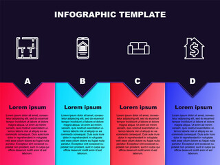 Set line House plan, Online real estate house, Sofa and with dollar symbol. Business infographic template. Vector.