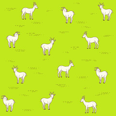 Goat in field grazing. Seamless trendy pattern with farm animal. Outline vector illustration for prints, clothing, packaging and postcards.