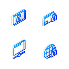 Set Isometric line Folder and lock, Secure your site with HTTPS, SSL, FTP folder and Global lockdown icon. Vector.