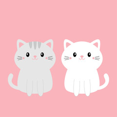 Cute gray white cat kitty kitten set. Kawaii cartoon character. Smiling face, tail. Happy Valentines Day. Baby greeting card tshirt notebook cover print. Pink background. Flat design