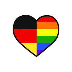 Vector illustration of the heart filled with Germany flag and the LGBTQ+ pride flag on white background.
