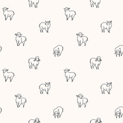 Cartoon happy sheep - seamless trendy pattern with animal in various poses. Contour vector illustration for prints, clothing, packaging and postcards.