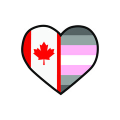 Vector illustration of the heart filled with the flag of Canada and the Demigirl pride flag on white background.