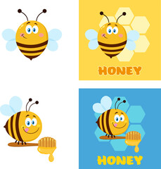Bee Cartoon Character. Flat Vector Collection Set Isolated On White Background