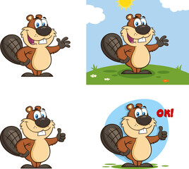 Beaver Cartoon Mascot Character. Vector Collection Set Isolated On White Background © HitToon.com