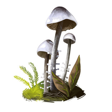 Dendrocollybia racemosa, branched Collybia or shanklet mushroom closeup digital art illustration. Boletus has thin stem and grey color of body. Mushrooming season, plants growing in wood and forest
