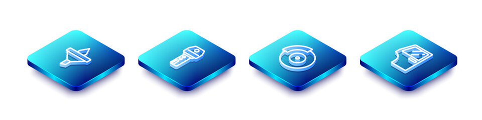 Set Isometric line Funnel and oil drop, Car key with remote, brake disk caliper and door icon. Vector.