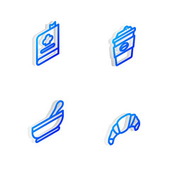 Set Isometric line Coffee cup to go, Cookbook, Mortar and pestle and Croissant icon. Vector.