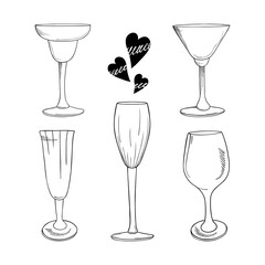 Set hand drawn glasses for alcoholic beverages isolated on a white background. Illustration in black and white graphic style, doodle. It can be used for decoration of textile, paper.