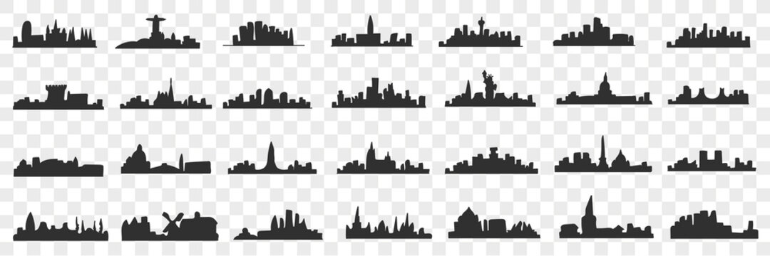 Silhouettes of city doodle set. Collection of hand drawn dark silhouettes of buildings and landscape of cities and towns urban cityscape isolated on transparent background