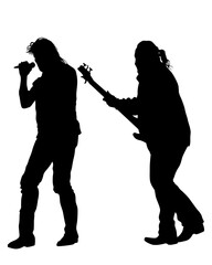 Rock musicians whit guitar on stage. Isolated silhouettes on a white background