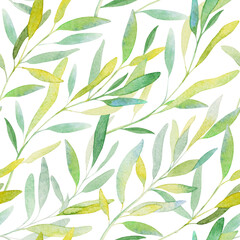 Naklejka na ściany i meble Watercolor leaves branch seamless pattern on white background. Texture with greens, branch, leaves, foliage. Perfect for wedding, cover design, wallpapers, patterns, packaging, print etc
