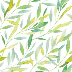 Watercolor leaves branch seamless pattern on white background. Texture with greens, branch, leaves, foliage. Perfect for wedding, cover design, wallpapers, patterns, packaging, print etc