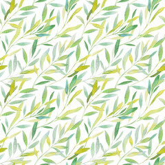 Watercolor leaves branch seamless pattern on white background. Texture with greens, branch, leaves, foliage. Perfect for wedding, cover design, wallpapers, patterns, packaging, print etc