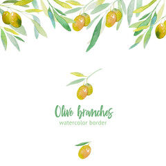 Fototapeta premium Watercolor border of olive branches.Watercolor leaves, branches,foliage.Perfect for you unique projects,template,wedding invitations,greeting cards,graphic,quotes,poster.