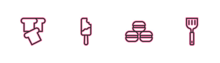 Set line Bread toast, Macaron cookie, Ice cream and Spatula icon. Vector.