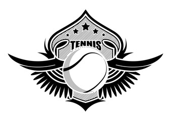 Obraz premium sport ball on background of stylized shield with wings. Tennis sporting emblems. Tournament symbol. Vector