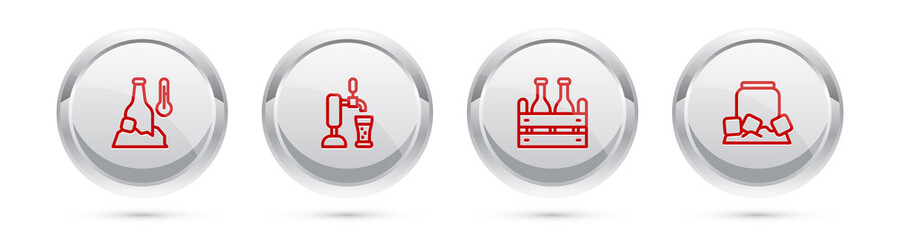 Set line Cold beer bottle, Beer tap with glass, Pack of bottles and can. Silver circle button. Vector.