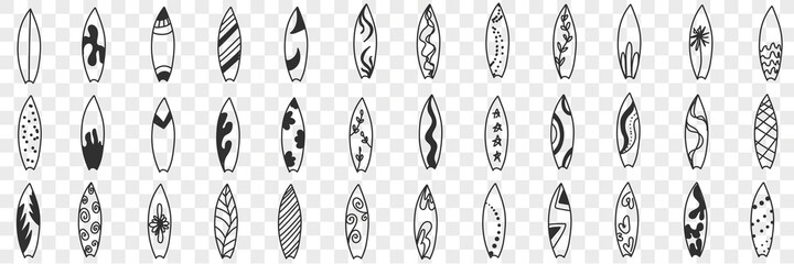 Surfboard and puddle board doodle set. Collection of hand drawn boards with various patterns for surfing and paddle boarding on water in summer sport equipment isolated on transparent background