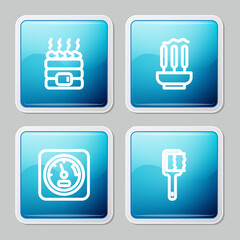 Set line Hot sauna stones, Incense sticks, Sauna thermometer and brush icon. Vector.