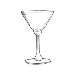 Hand drawn cocktail glass on a white isolated background. Illustration in black and white graphic style, doodle. It can be used for decoration of textile, paper and other surfaces.