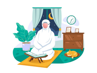Muslim women pray at night prayers in the month of Ramadan. template design vector illustration