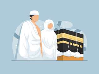 Muslims who are on the pilgrimage in Mecca and The Ka'bah background, template design vector illustration