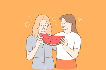 Healthy diet food and friendship concept. Two young positive girls standing and enjoying piece of ripe juicy red watermelon and laughing together outdoors vector illustration 