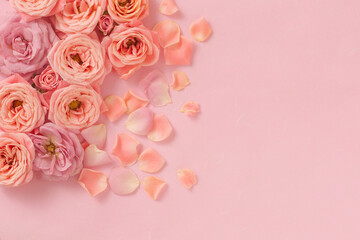 Fototapeta na wymiar Blooming pastel pink roses and petals