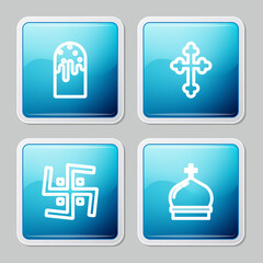 Set line Easter cake, Christian cross, Hindu swastika and Church tower icon. Vector.