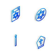 Set Isometric line Star of David, Jewish calendar, Burning candle and Pope hat icon. Vector.